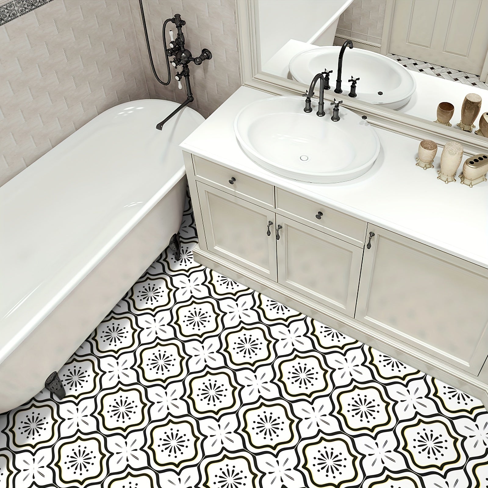 10pcs Grey Flower Floor Tiles Peel & Stick PVC Waterproo...