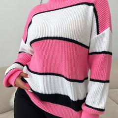 Colorblock Long Sleeve Sweater High Neck Casual Top