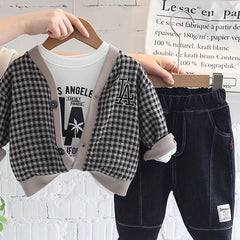 Boys Casual Outfit Long Sleeve T Shirt & Jeans Pants & Cardigan Coat