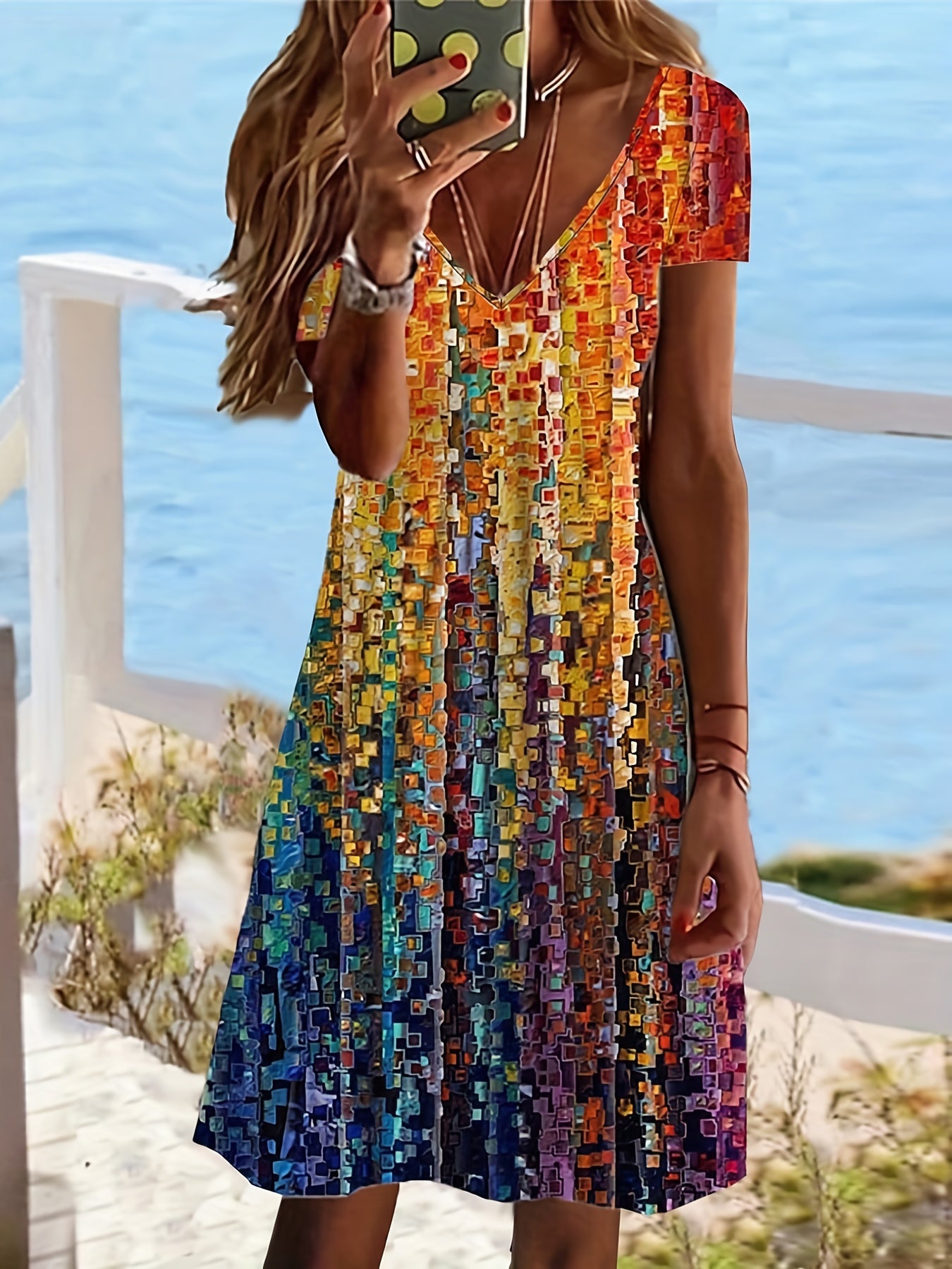 Boho V Neck Short Sleeve Dress Women's Clothing