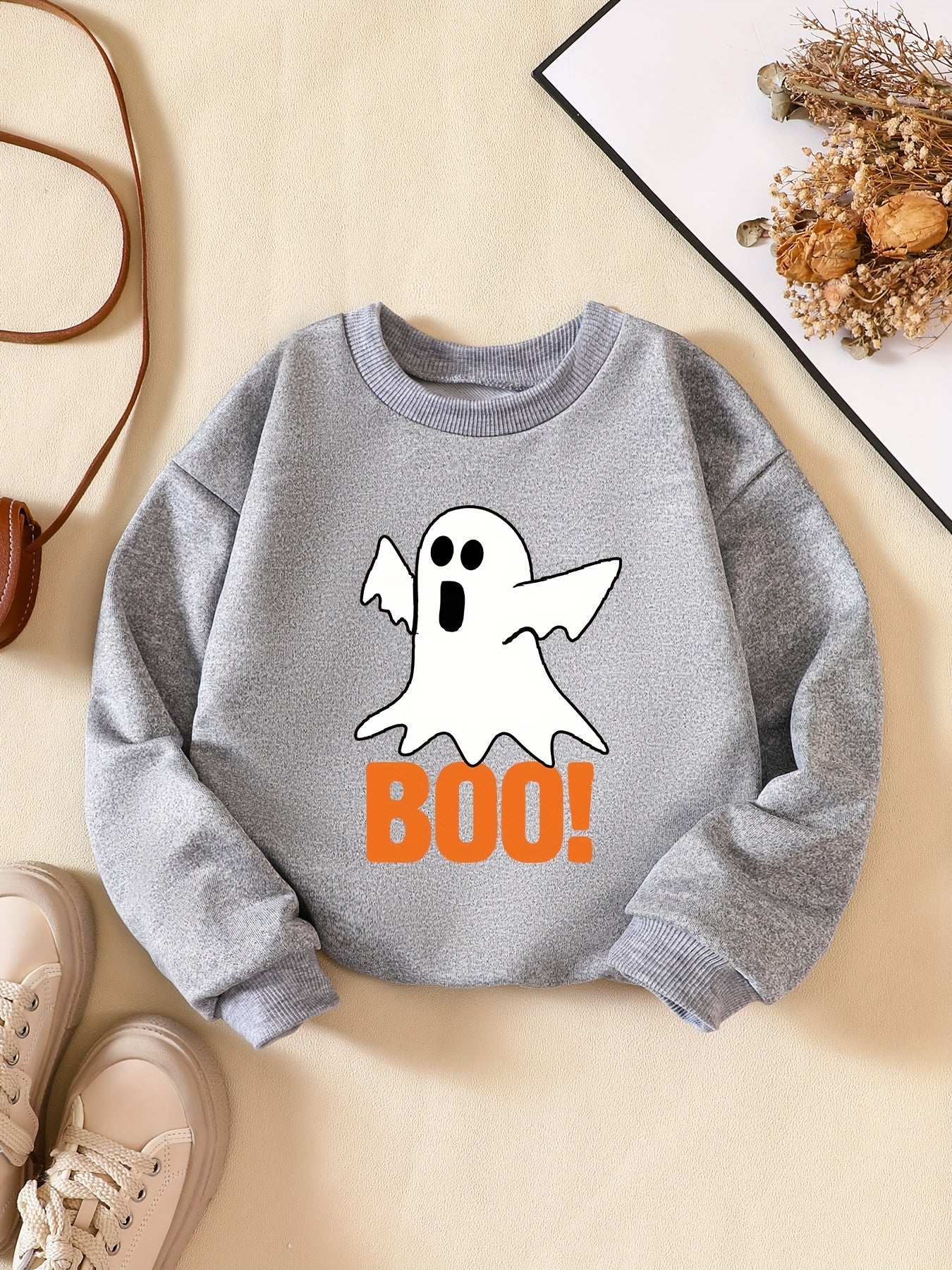 Boo Print Boys Casual Pullover Sweatshirt Crew Neck Tops Kids Clothes