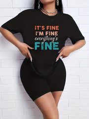 2pcs Letter Graphic Crew Neck Short Sleeve T shirts & Solid Shorts Set