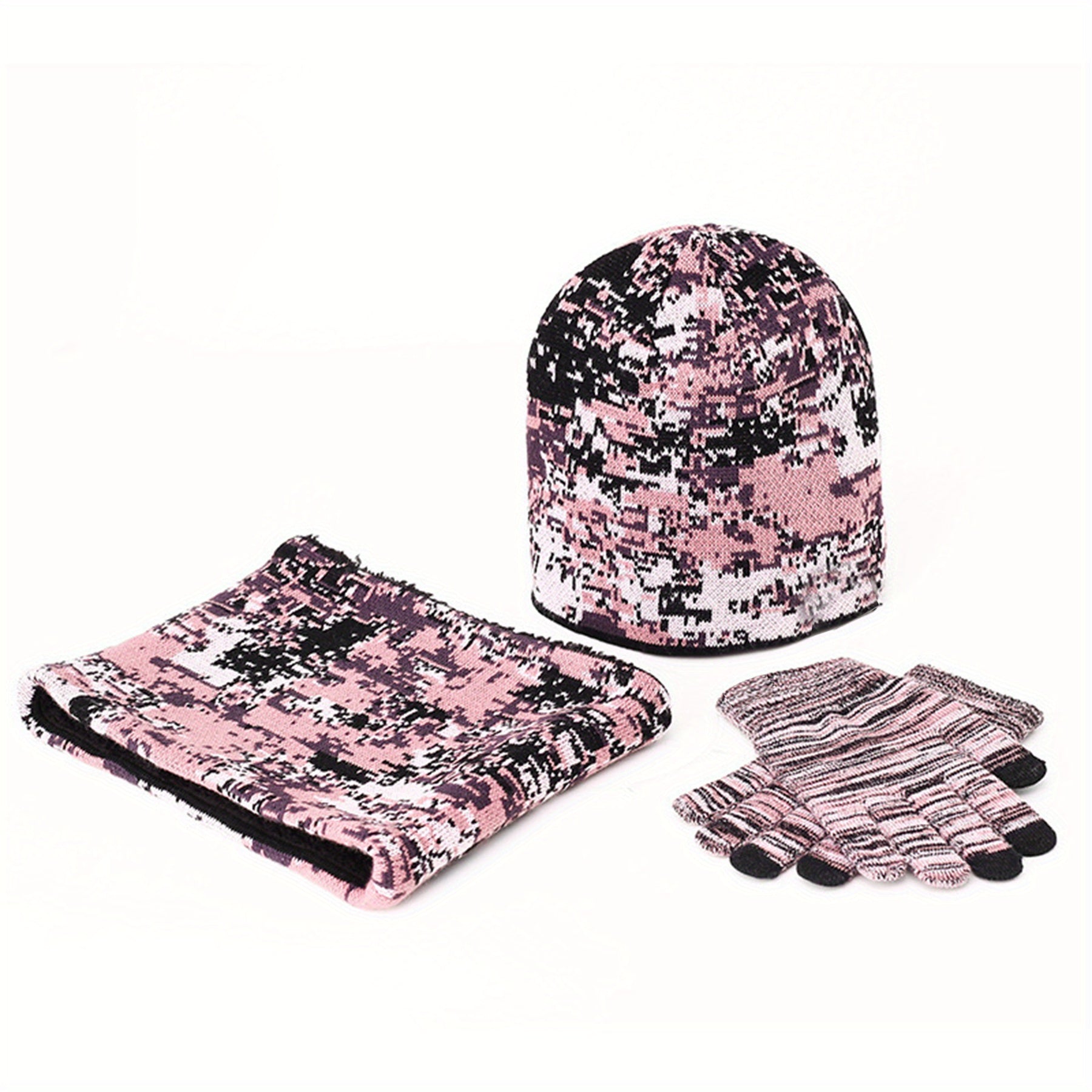 Camouflage Winter Beanie Gloves Neck Warmer Set
