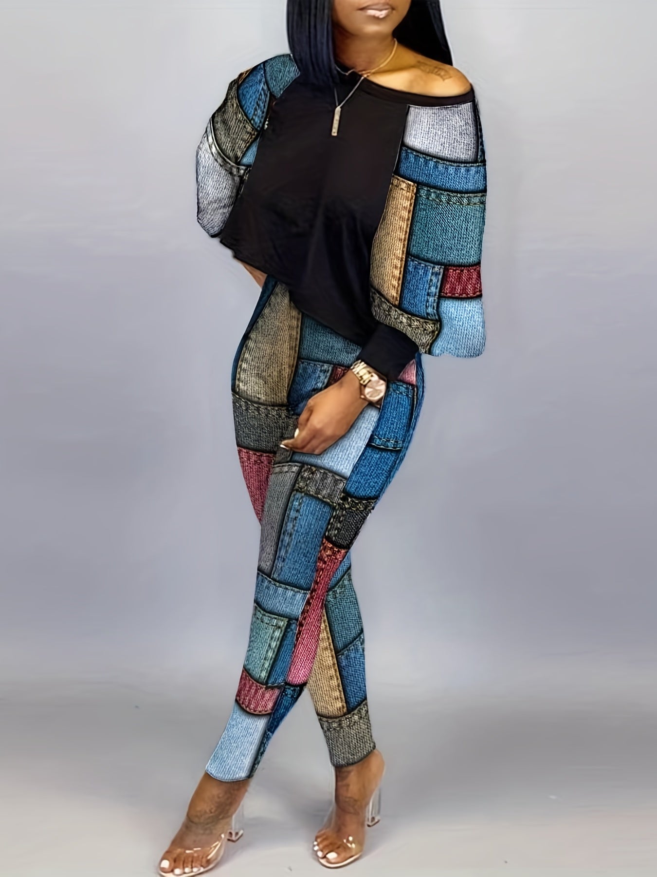 Patchwork Casual 2pc Set Long Sleeve Top & Long Pants