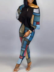 Patchwork Casual 2pc Set Long Sleeve Top & Long Pants