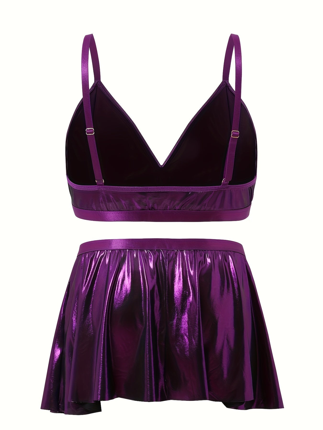 Metallic V Neck Bra & Pleated Mini Skirt Set