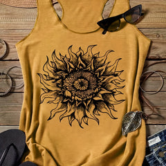 Sunflower Print Crew Neck Tank Top Sleeveless Summer Casual Women's Top