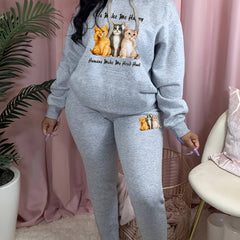 Cat & Slogan Print Hoodie & Sweatpants Set