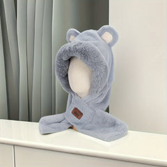 2 In 1 Hooded Cap Scarf Winter Scarf Bear Furry Hat Scarf