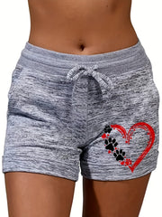 Heart & Paw Pattern Drawstring Shorts Casual Dual Pockets Shorts