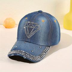 Rhinestone Diamond Pattern Baseball Cap Washed Distressed Hip Hop Dad Hats