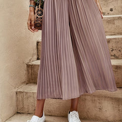 Solid Pleated Wide Leg Pants Cropped - Women's Clothing