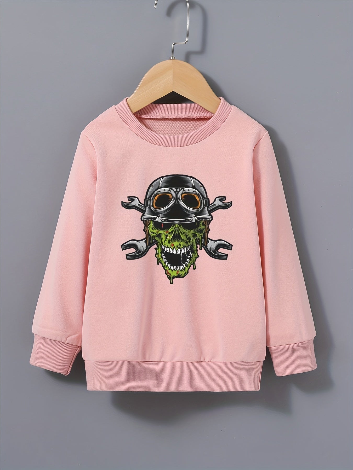 Boys Sweatshirt Helmet Skull Print Long Sleeve Pullover Top