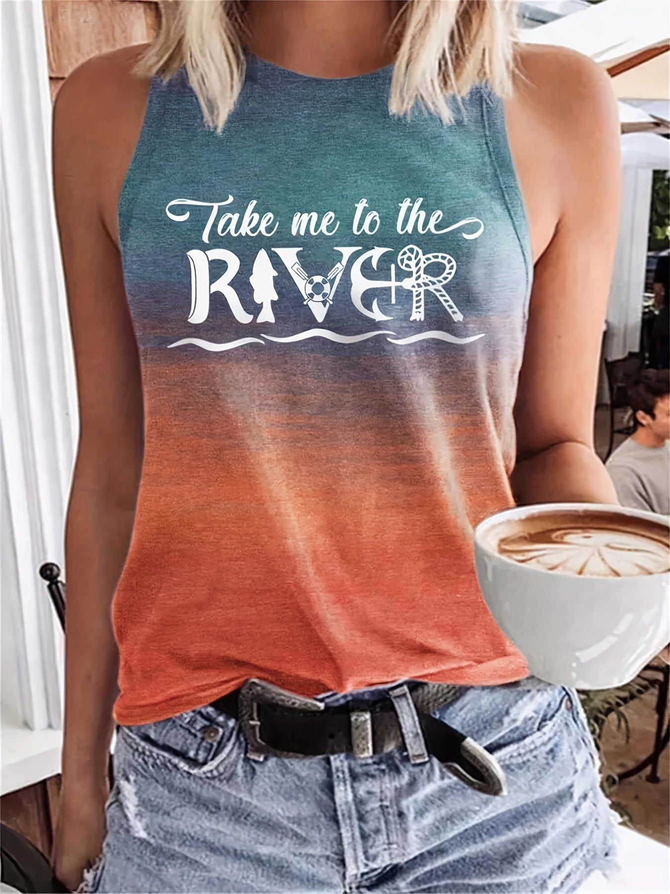 Anchor & Letter Print Tank Top Crew Neck Summer Tank Top