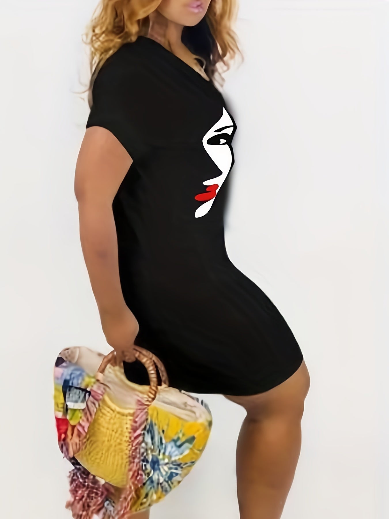 Abstract Figure Print Short Sleeve V Neck Stretch Dress