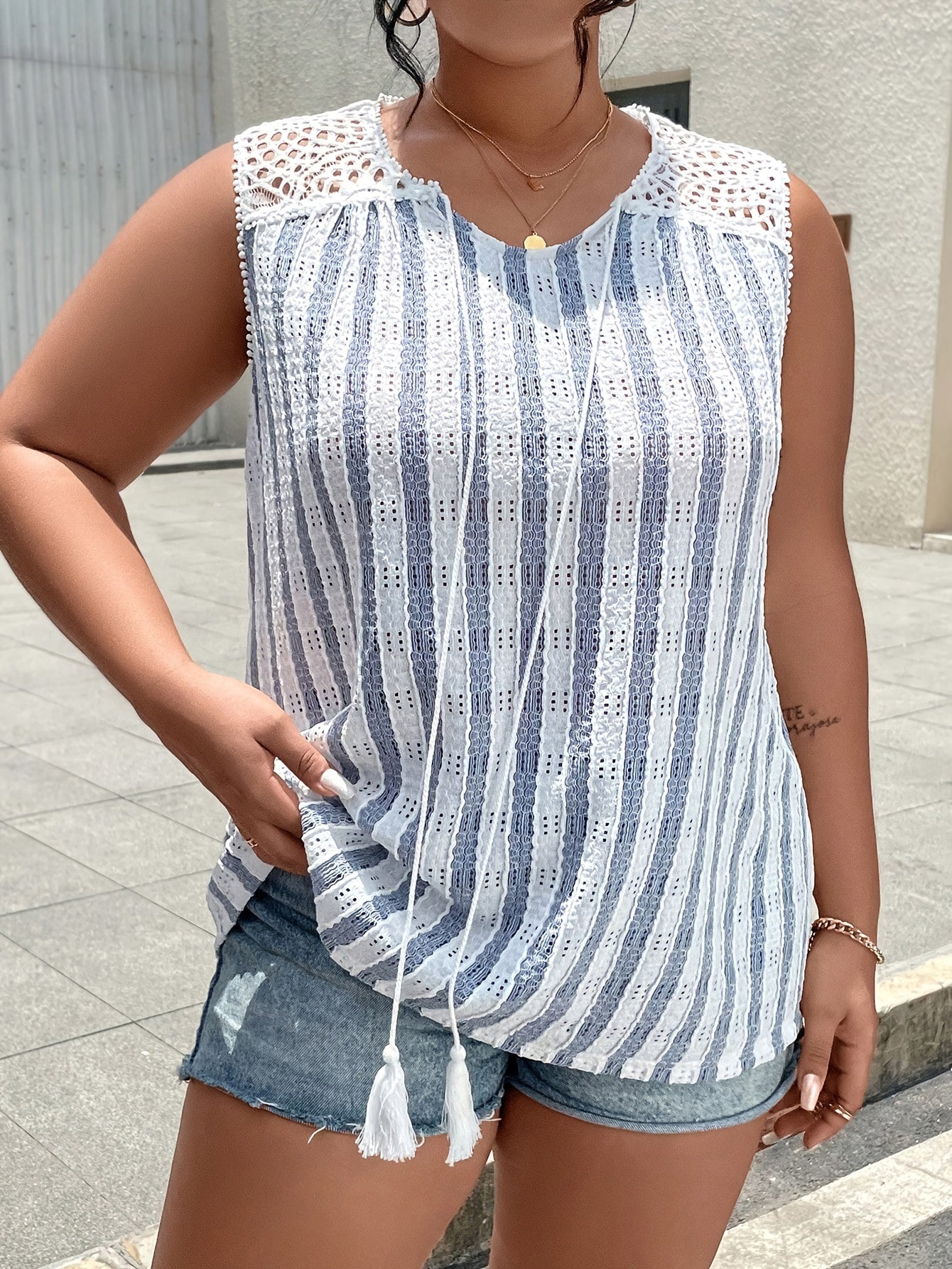 Plaid Print Lace Tie Front Tank Top