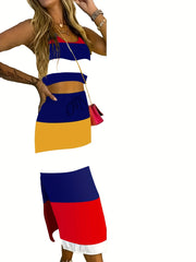 Striped Print 2pc Set Sleeveless Crop Tank Top & Drawstring Split Bodycon