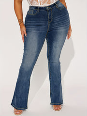 Plus Solid Button Up High Rise Flared Leg Jeans With Embroidered Pockets