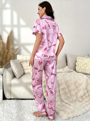 Heart Print Lounge Set Short Sleeve Buttons Top & Pants Women's Loungewear