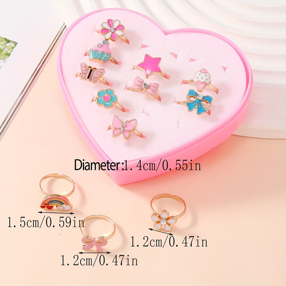12pcs Cartoon Flower Butterfly Rainbow Star Adjustable Ring Set For Girls