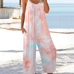 Boho Tie Dye Loose Cami Jumpsuit Casual Crew Neck Wide Leg Mini Strap Jumpsuit