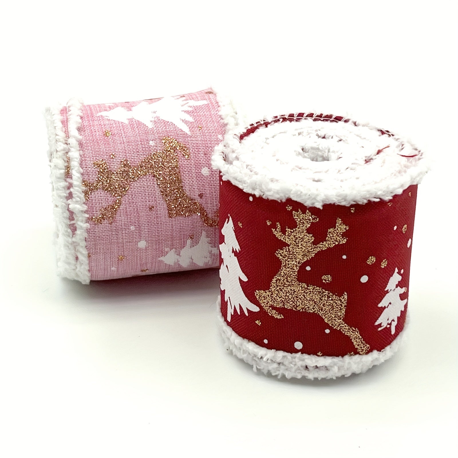 4.57m Pink Christmas Tree Burlap Ribbon with Wired Edge, Elk and Snowflake
