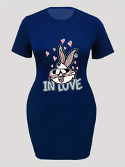 Casual Dress Women's Plus Cartoon Rabbit & Letter Print Dress