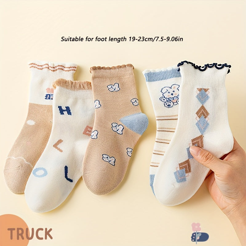 5 Pairs Girl's Knitted Crew Socks Cotton Blend Comfy Breathable Soft