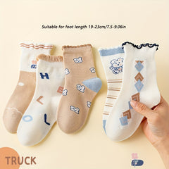 5 Pairs Girl's Knitted Crew Socks Cotton Blend Comfy Breathable Soft