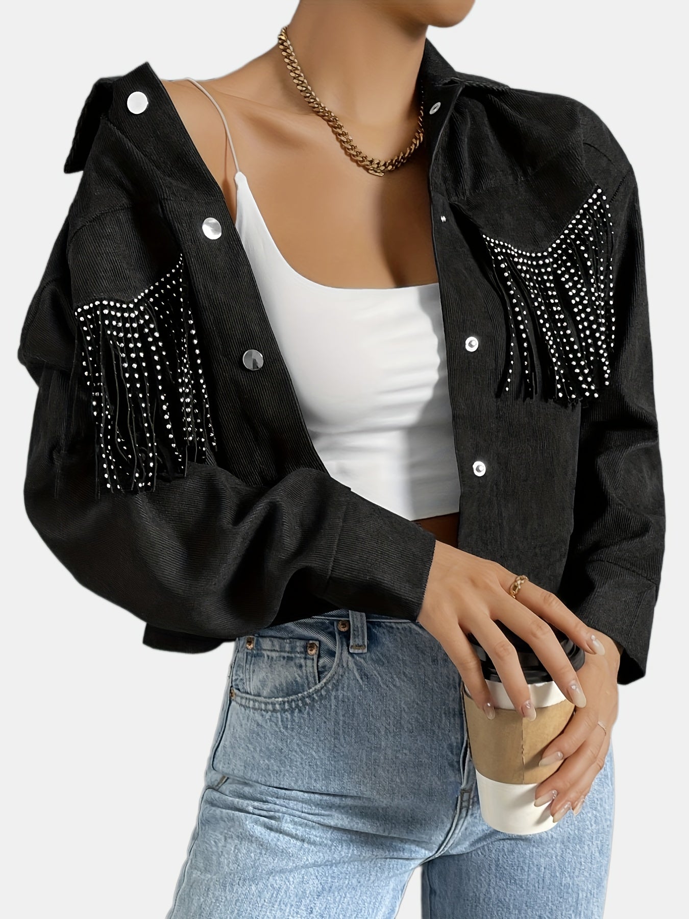 Rhinestone Fringe Trim Tassel Jacket Long Sleeve Button Front