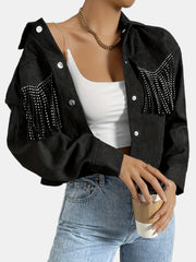 Rhinestone Fringe Trim Tassel Jacket Long Sleeve Button Front