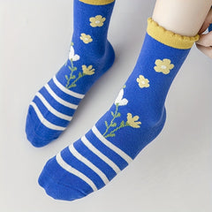 5 Pairs Girls Kids Socks Cotton Breathable Small Flower Pattern Socks