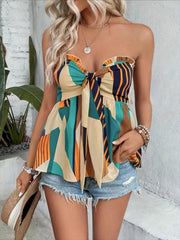 Ruffle Trim Tie Front Tube Top Allover Print Bandeau Vacation Style