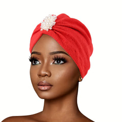 Faux Pearl Decor Turban Cap Embossed Elastic Head Wrap Solid Pleated Beanie