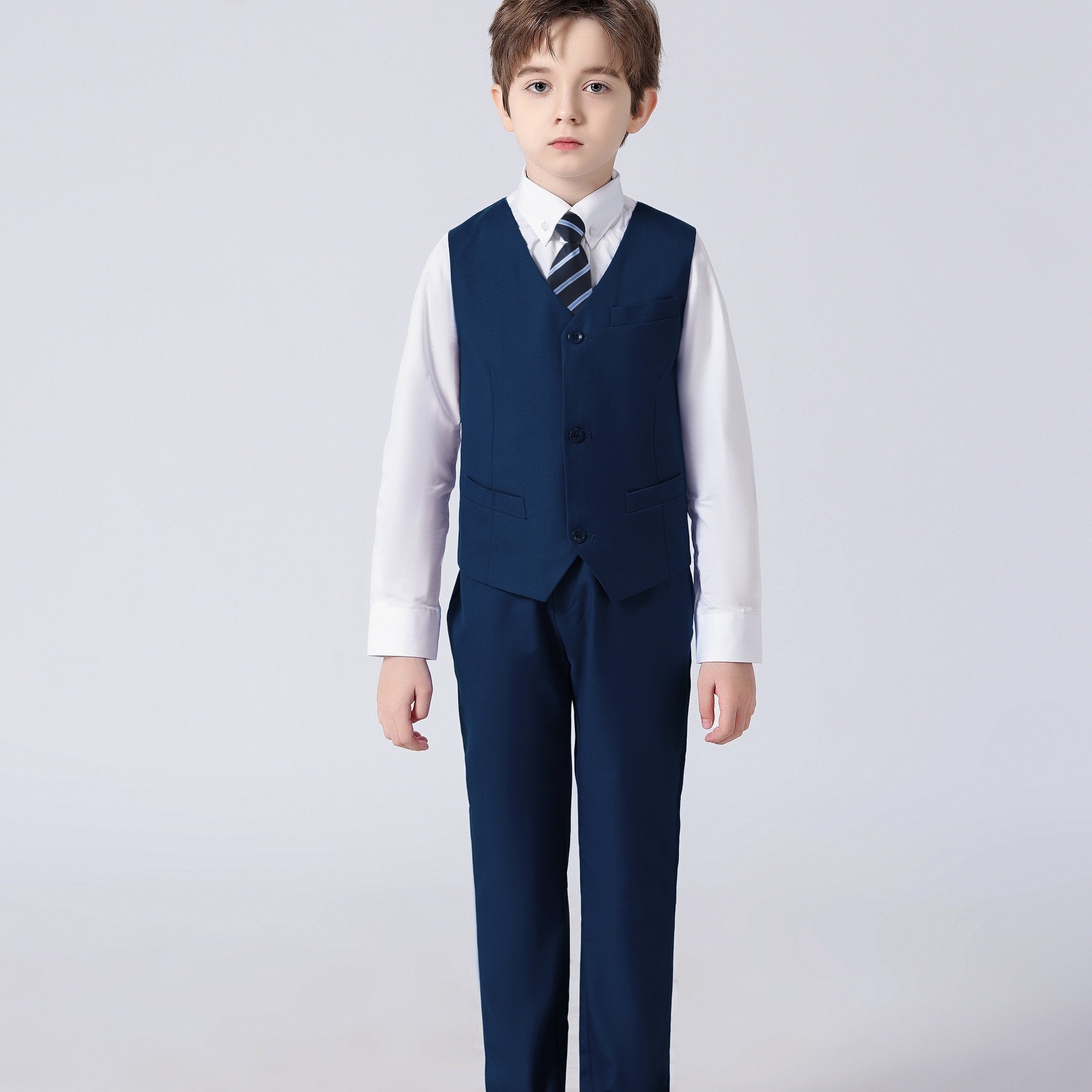 4pcs Boys Slim Fit Gentleman Outfit Set Long Sleeve Shirt&Pants&Vest&Tie