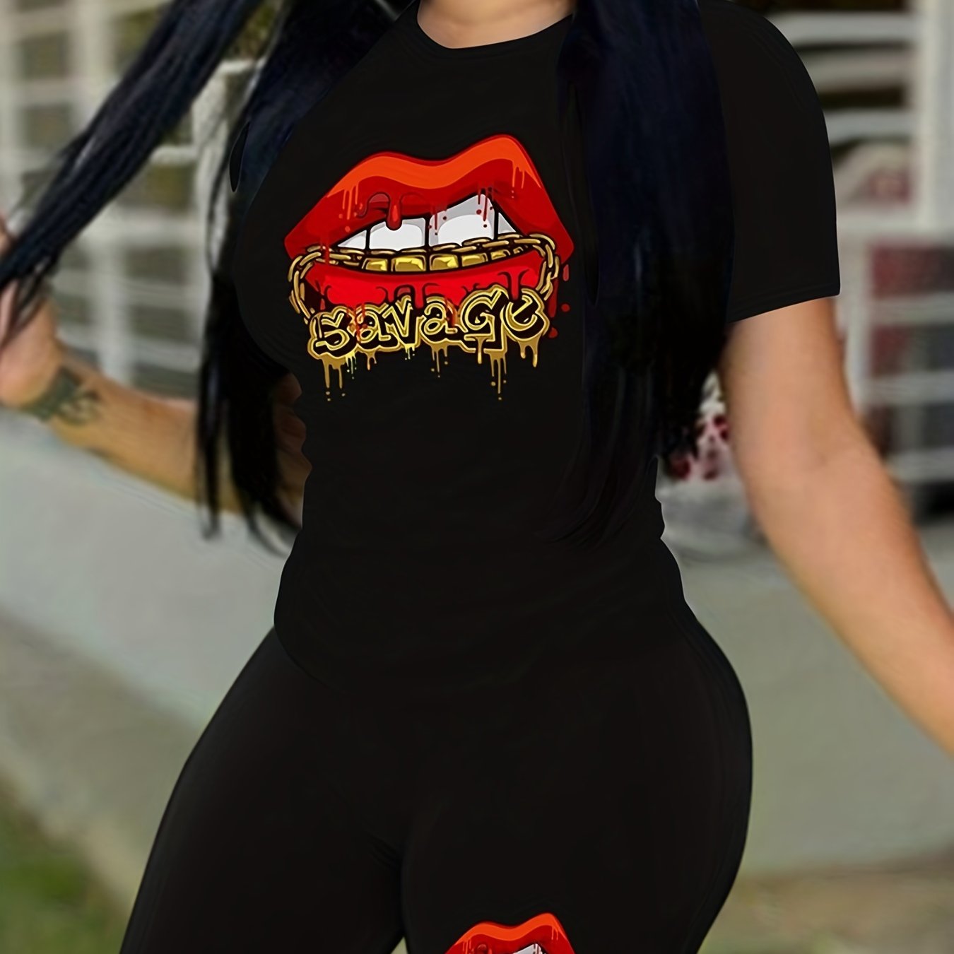 Lips Print 2-Piece Outfit Short Sleeve T-Shirt & Shorts Set