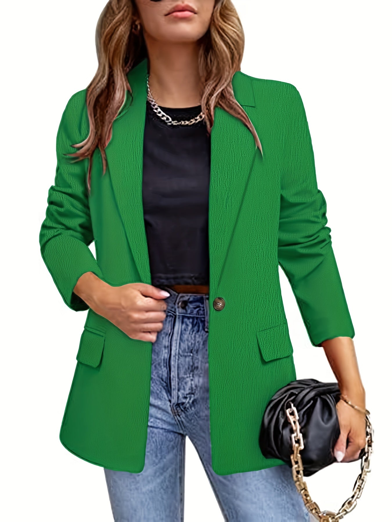 Solid Button Front Lapel Blazer Casual Long Sleeve Blazer