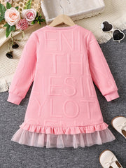 Girl's Textured Letter Casual Dress with Ruffle Trim
