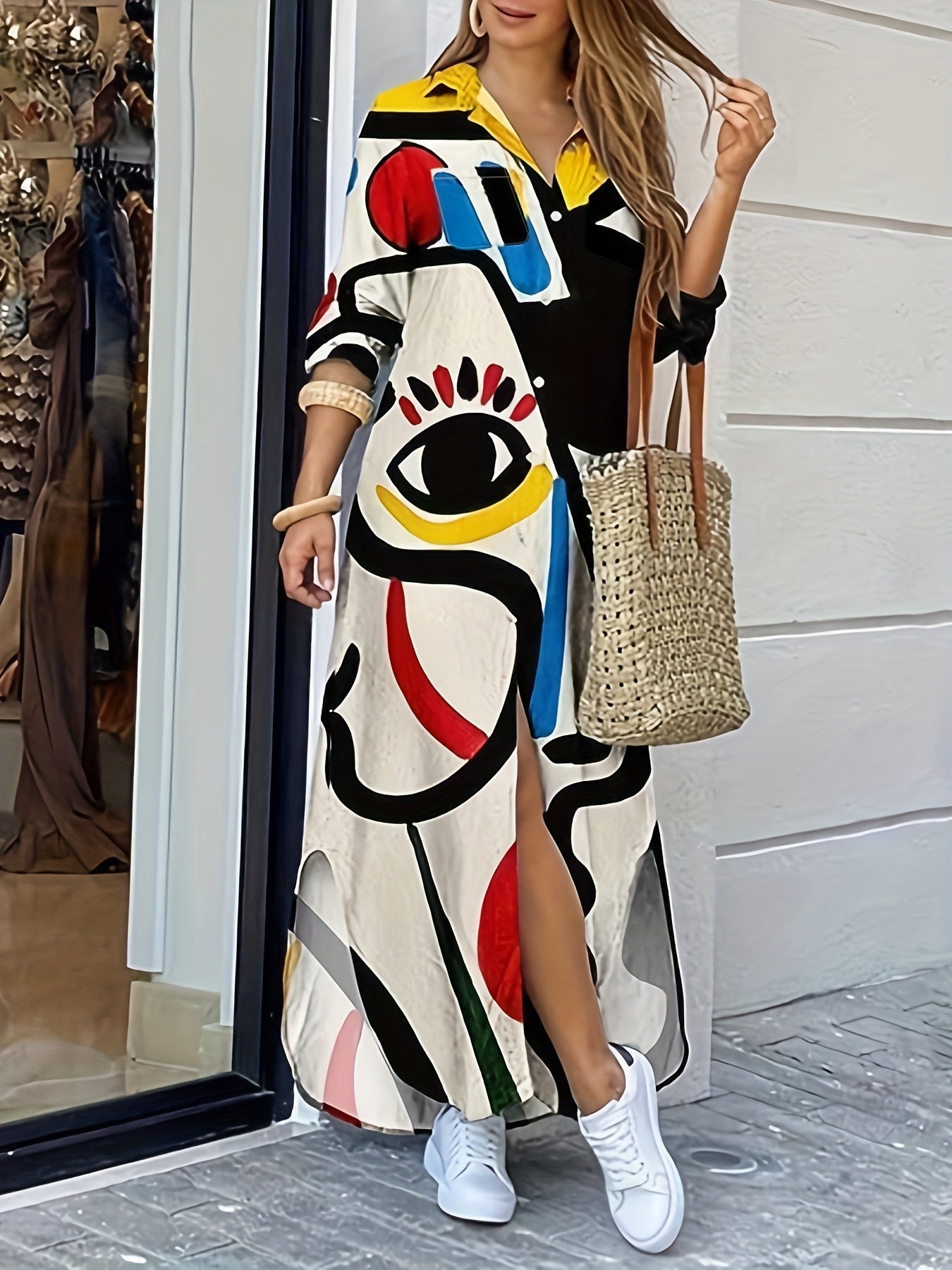 Abstract Figure Print Maxi Shirt Dress
