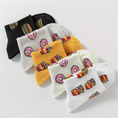 5 Pairs Cartoon Food Print Socks & Funny Mid Tube Socks Women's Stockings
