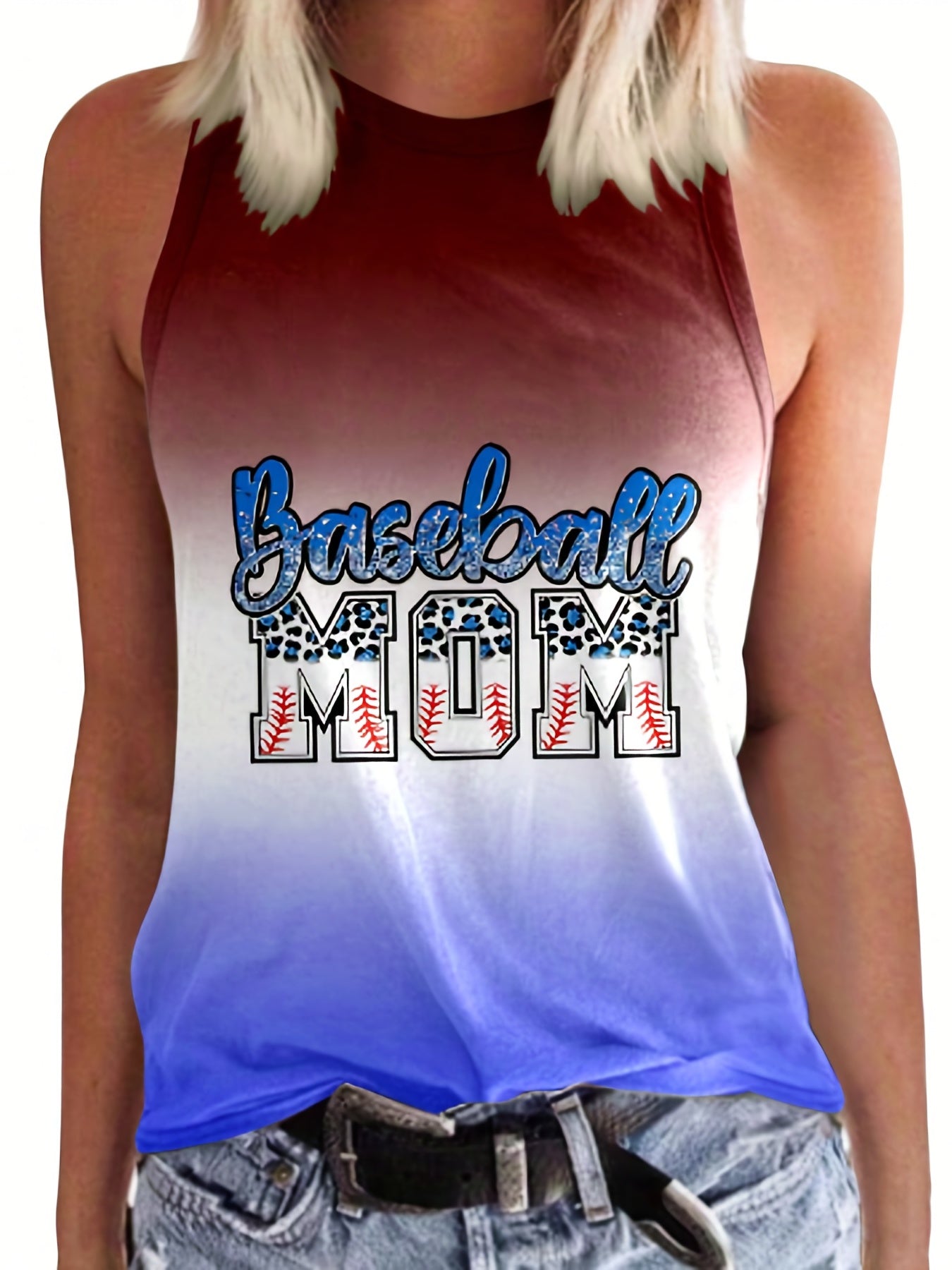 Graphic Print Tank Top Round Neck Casual Sleeveless Stretch