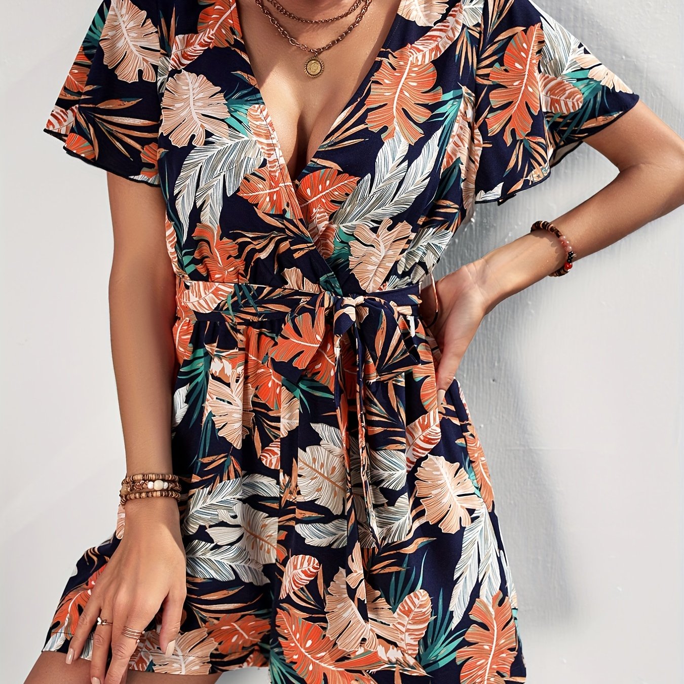Tropical Print Romper Jumpsuit V neck Flutter Sleeve