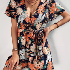 Tropical Print Romper Jumpsuit V neck Flutter Sleeve