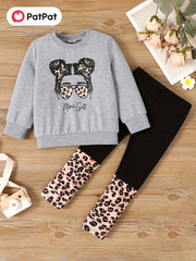 Toddler Girl Figure Print Pullover Sweatshirt And Leopard Panel Pants Set