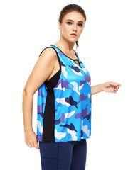 Women's Plus Size Camo Print Cut Out Round Neck Tank Top