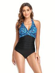 Twist Ruched Halter One Piece Swimsuit Backless Solid Bathing Suit
