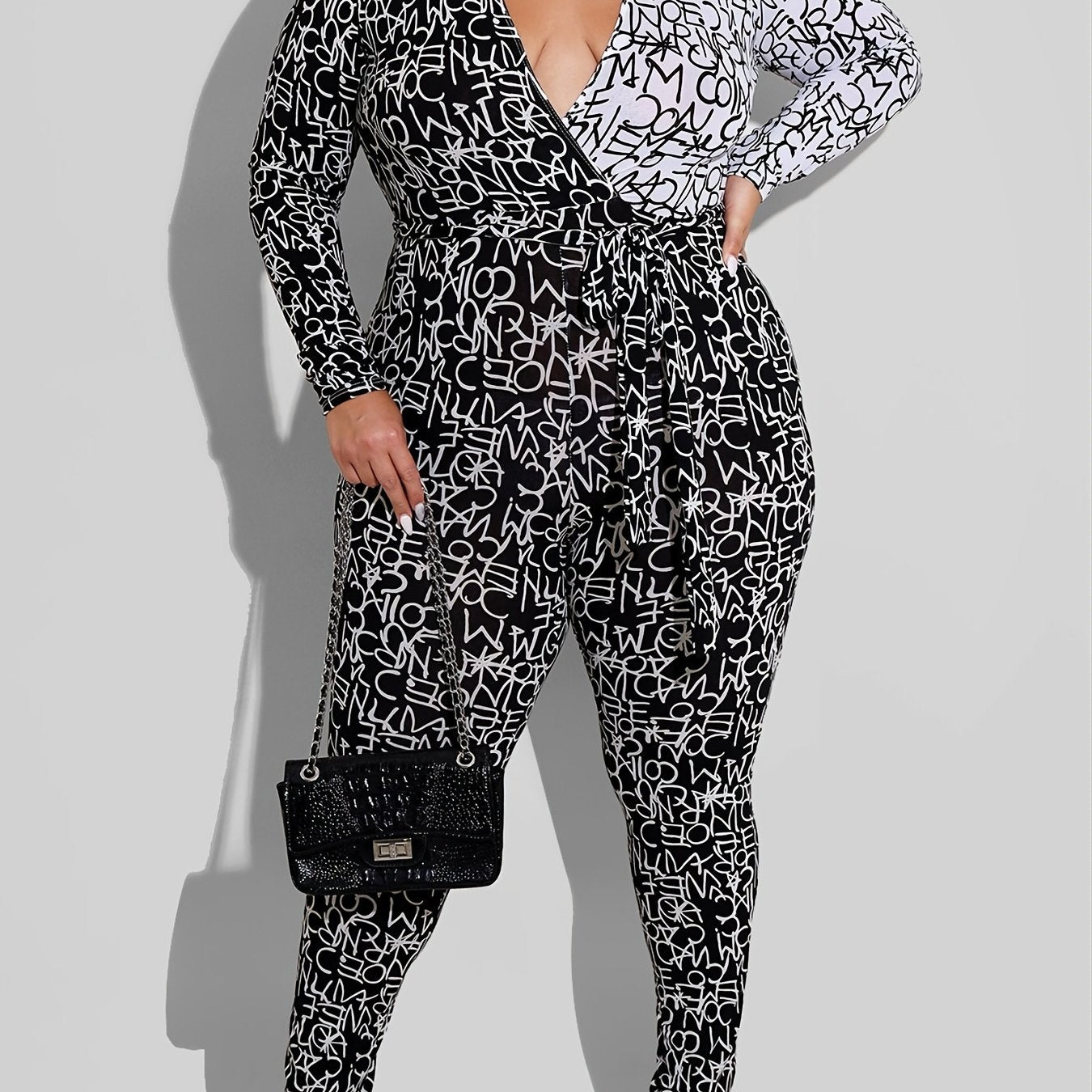 Colorblock Letter Print Long Sleeve Jumpsuit With Belt