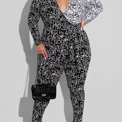 Colorblock Letter Print Long Sleeve Jumpsuit With Belt