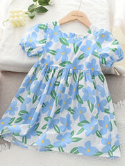 Girls' Cotton Floral Short Sleeve Casual Dress for Party Holiday