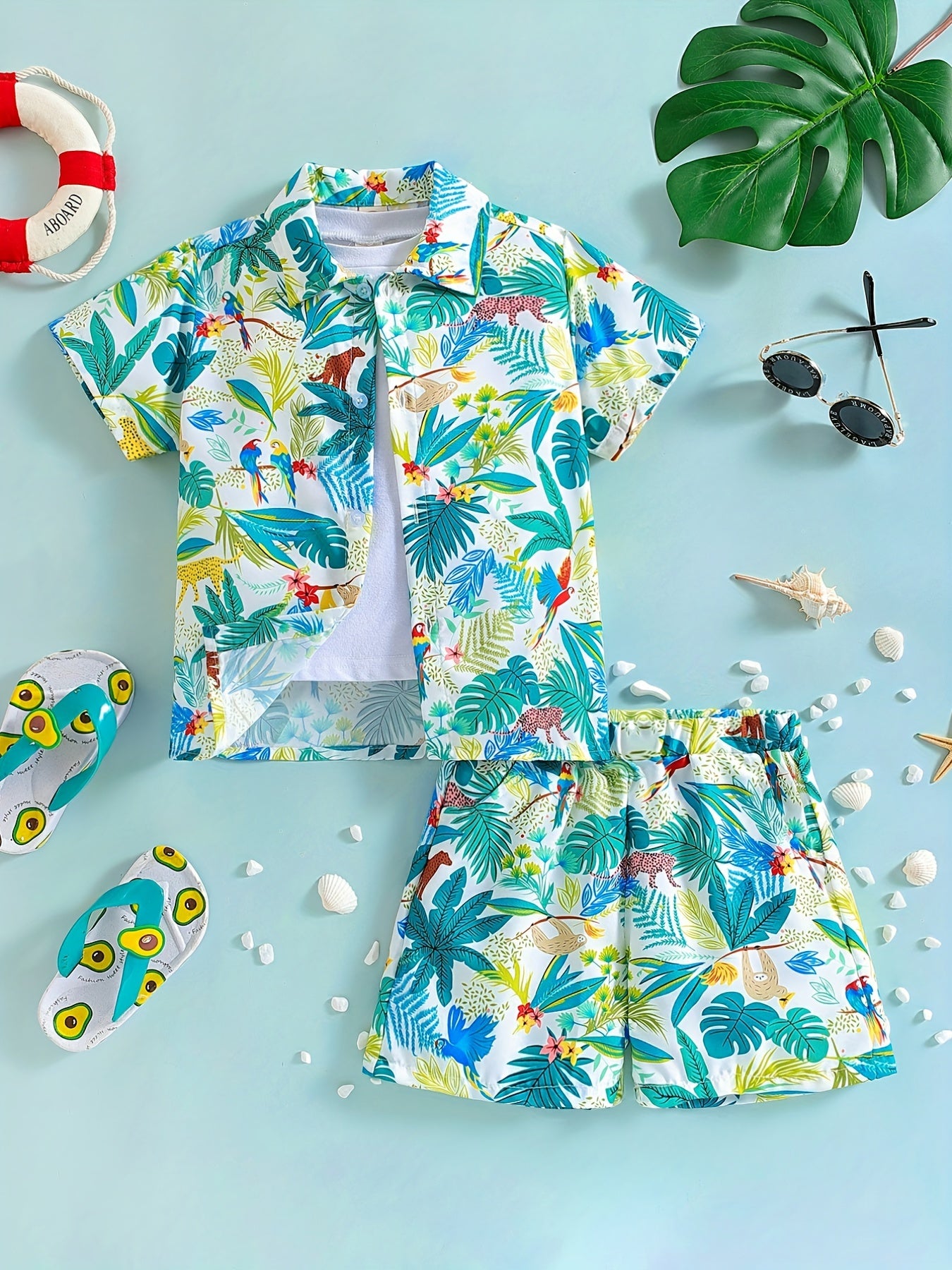 2pcs Boys Teen Casual Plant Graphic Print Shirt & Shorts Set for Summer